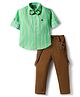 Dapper Dudes Woven Full Sleeves Striped Shirt & Trouser With Bow & Suspender - Green