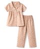 Evimo Single Jersey Knit Half Sleeves Floral Printed Co-Ords Top & Pyjama Night Suit - Beige