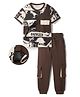 OLLINGTON ST. Cotton Sinker Knit T-Shirt and Joggers Set with Half Sleeves and Dinosaur Print - Brown & Beige