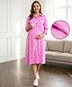 Bella Mama Woven Three Fourth Sleeves Maternity Shirt Dress with Heart Print & Tie Up - Pink