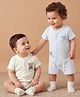 Babyoye 100% Cotton Interlock Woven Half Sleeves Rompers With Elephant & Bear Print Pack of 2 - Cream & Blue