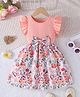 Bolly Lounge Cotton Blend Knit Sleeveless Floral Printed Bow Applique & Frill Detailed Dress - Peach