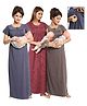Fabme Woven Pack Of 3 Half Sleeves Striped Maternity Nighties With Side Zipper Nursing Access - Chocolate Brown Green & Lavender