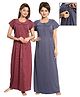 Fabme Woven Pack Of 2 Half Sleeves Textured Maternity Nighties With Side Zipper Nursing Access - Navy Blue & Maroon