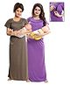 Fabme Woven Pack Of 2 Half Sleeves Textured Maternity Nighties With Side Zipper Nursing Access - Lavender & Mehendi