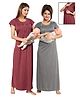 Fabme Polycotton Pack Of 2 Half Sleeves Stripes Textured Solid Maternity Night Dress Concealed Zipper Nursing Access - Maroon & Grey