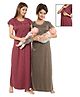 Fabme Polycotton Pack Of 2 Half Sleeves Stripes Textured Solid Maternity Night Dress Concealed Zipper Nursing Access - Maroon & Grey