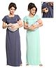 Fabme Polycotton Pack Of 2 Half Sleeves Stripes Textured Solid Maternity Night Dress Concealed Zipper Nursing Access - Blue & Green