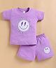 NUTTY BUTTY Sinker Knit Half Sleeves Smiley Printed Top & Shorts Set - Purple