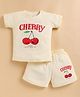 NUTTY BUTTY Sinker Knit Half Sleeves Cherry Text Printed Top & Shorts Set - Off White