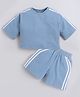 Aww Hunnie Terry Knit Half Sleeves Placement Striped Tee & Shorts Set - Blue