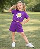 Aww Hunnie Terry Knit Half Sleeves Floral Printed Tee & Shorts Set - Purple