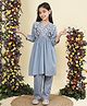 Little Bansi Cotton Woven Three Fourth Sleeves Floral Embroidered Kurti & Salwar Set - Blue Grey
