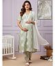 Dummy Shape Cotton Blend Woven Half Sleeves Floral Printed Coordinating Maternity Kurti Pants & Dupatta Set With Dual Side Zipper Nursing Access - Olive