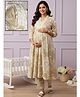 Dummy Shape Cotton Blend Woven Three Fourth Sleeves Floral Printed Maternity Kurti With Side Zipper Nursing Access & Pant Set - Yellow