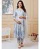 Dummy Shape Cotton Blend Woven Three Fourth Sleeves Floral Printed Maternity Kurti With Side Zipper Nursing Access With Pant & Dupatta Set - Blue