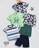 blushh berry Cotton Knit Pack Of 3 Half Sleeves Leaves Printed & Striped Tee & Shorts Set - Blue Green Multi Colour