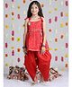 Cutiekins Woven Sleeveless Pearl & Gota Lace Embellished Floral Applique Detailed Kurti & Dhoti Set - Red & Golden