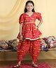 Cutiekins Woven Cotton Blend Woven Half Puffed Sleeves Abstract Printed Lace Embellished Kurti & Dhoti Set - Red & Mustard
