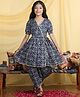 Cutiekins Cotton Blend Woven Half Puffed Sleeves Abstract Printed Kurti & Dhoti Set - Navy Blue & White