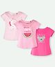 Ariel Cotton Knit Pack Of 3 Half Sleeves Koala Patch Detailed Unicorn & Watermelon Printed Tees - Pink