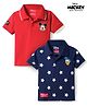 Babyhug Disney 100% Cotton Knit Half Sleeves Polo T-Shirts With Mickey Mouse & Friends Graphic Pack Of 2 - Red & Navy Blue