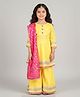 Little Ginnie Cotton Woven Three Fourth Sleeves Striped & Gota Lace Embellished Kurti Sharara Set With Dupatta - Yellow