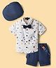 Robo Fry Cotton Woven Half Sleeves Space Theme Printed Shirt & Shorts Set With Suspender Bow & Cap - Navy Blue
