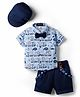 Robo Fry Cotton Woven Half Sleeves Animal Printed Shirt & Shorts Set With Suspender Bow & Cap - Blue