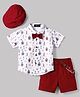 Robo Fry Cotton Woven Half Sleeves Nautical Theme & Animals Printed Shirt & Shorts Set With Suspender Bow & Cap - White
