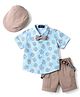 Robo Fry Cotton Woven Half Sleeves Bear Printed Shirt & Shorts Set with Cap Bow & Suspender - Sky