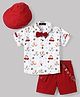 Robo Fry Cotton Woven Half Sleeves Vehicles & Animal Printed Shirt & Shorts Set With Suspender Cap & Bow - White & Red