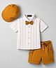 Robo Fry Cotton Woven Half Sleeves Striped Shirt & Shorts Set with Cap Bow & Suspender - White & Brown