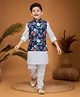 Ministitch Cotton Silk Woven Full Sleeves Solid Kurta & Pyjama With Floral Printed Nehru Jacket Set - Navy Blue