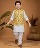 Ministitch Cotton Silk Woven Full Sleeves Solid Kurta & Pyjama With Geometric Printed  & Sequins Embellished Nehru Jacket Set - Yellow