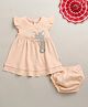 BUMZEE Cotton Knit Frill Sleeves Cat Applique Frock With Bloomer - Peach