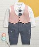 BUMZEE Cotton Knit Full Sleeves Graphic Embroidered Party Romper With Tie Applique & Attached Waistcoat - Blue & Pink