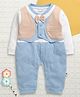BUMZEE Cotton Knir Full Sleeves Polka Dot Printed & Striped Party Romper With Bow Applique & Attached Waistcoat - Blue & Peach