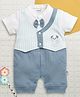 BUMZEE Cotton Knit Half Sleeves Teddy Embroidered Party Romper With Bow Applique & Attached Waistcoat - Blue