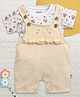 BUMZEE Cotton Knit Half Sleeves Floral Printed T-Shirt & Dungaree Set - Peach & White