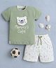 BUMZEE Cotton Knit Half Sleeves Bear Applique T-Shirt & Short Set - Green & Lemon