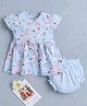 BUMZEE Cotton Knit Half Sleeves Flower Printed Frock With Bloomer - Sky Blue