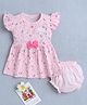 BUMZEE Cotton Knit Half Sleeves Floral Printed Frock with Bloomer Bow Applique & Text Patch - Pink