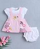 BUMZEE Cotton Knit Polka Dot Printed & Duck Embroidered Frock With Half Sleeves Inner T-Shirt & Bloomer - Pink & White