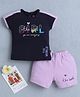 BUMZEE Cotton Knit Half Sleeves Text Printed T-Shirt & Short Set - Navy & Lavender