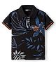 Ruff Cotton Knit Half Sleeves Polo T-Shirt with Tropical Theme Print - Black