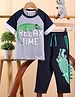 Little Marine Cotton Blend Kint Half Raglan Sleeves Relax Time Text & Crocodile Printed Tee & Pants Set - Grey & Navy Blue