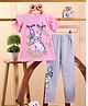 Little Marine Cotton Blend Knit Half Sleeves Movie Night Text Printed Tee & Pant Set - Pink & Grey