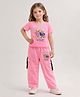 Little Marine Cotton Blend Knit Half Sleeves Teddy Bear Printed Crop Top With Cargo Pants Set - Pink