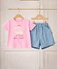 POP STREET KIDS Cotton Blend Knit Half Sleeves Girls Smile Text Printed Teddy Embroidered Tee & Shorts Set - Pink